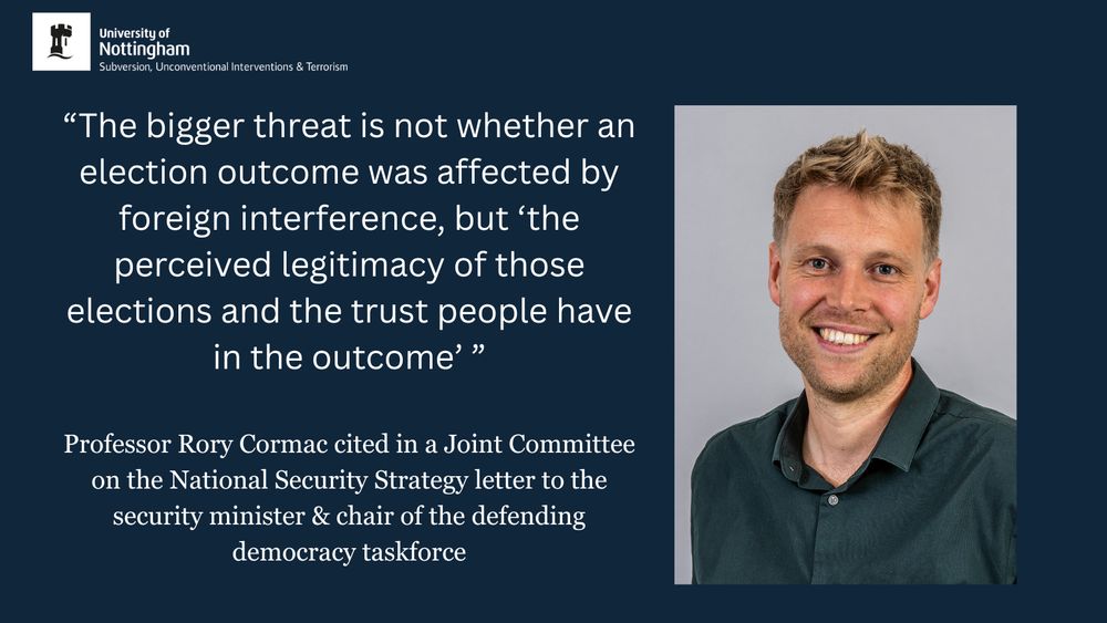 Photo of Rory and quote from Joint Committee National Security Strategy letter - "the bigger threat is not whether an election outcome was affected by foreign interference, but 'the perceived legitimacy of those elections and the trust people have in the outcome' "