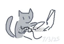 simple drawing of a gray cat working at a computer.