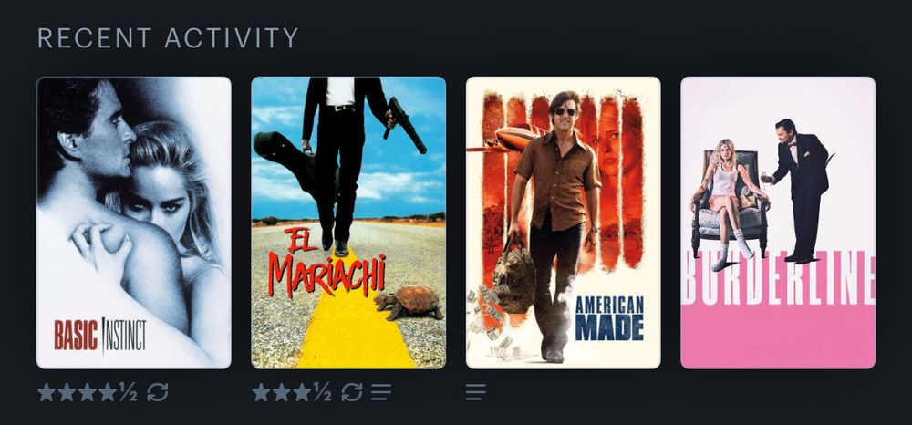 Letterboxd recent activity: Basic Instinct (rewatch 4 1/2 stars), El Mariachi (rewatch 3 1/2 stars), American Made, Borderline