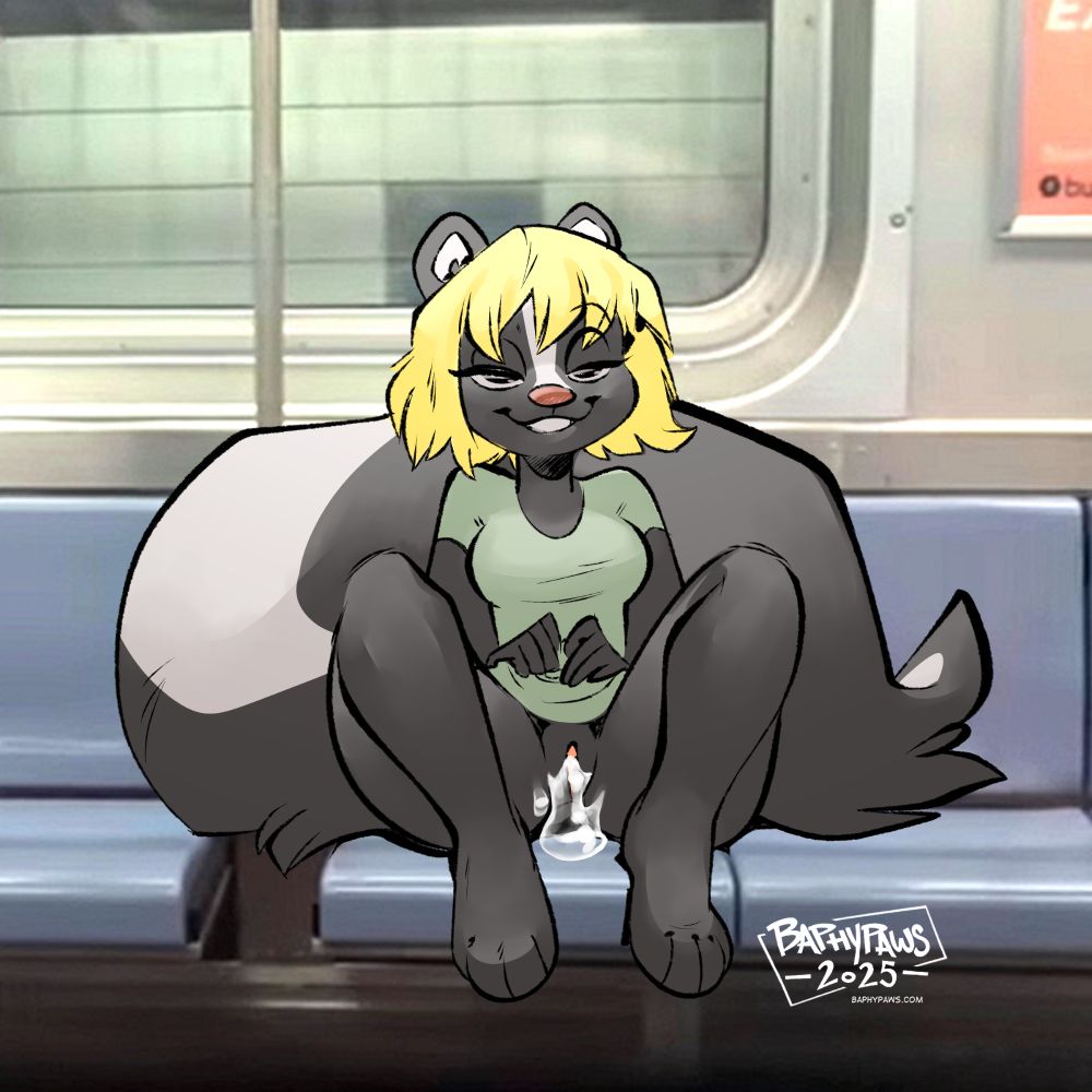 An exhibitionist skunkgirl, bottomless on a subway train. Seminal fluid covers her vulva and she is smiling. Her tail is fucking massive and fluffy.