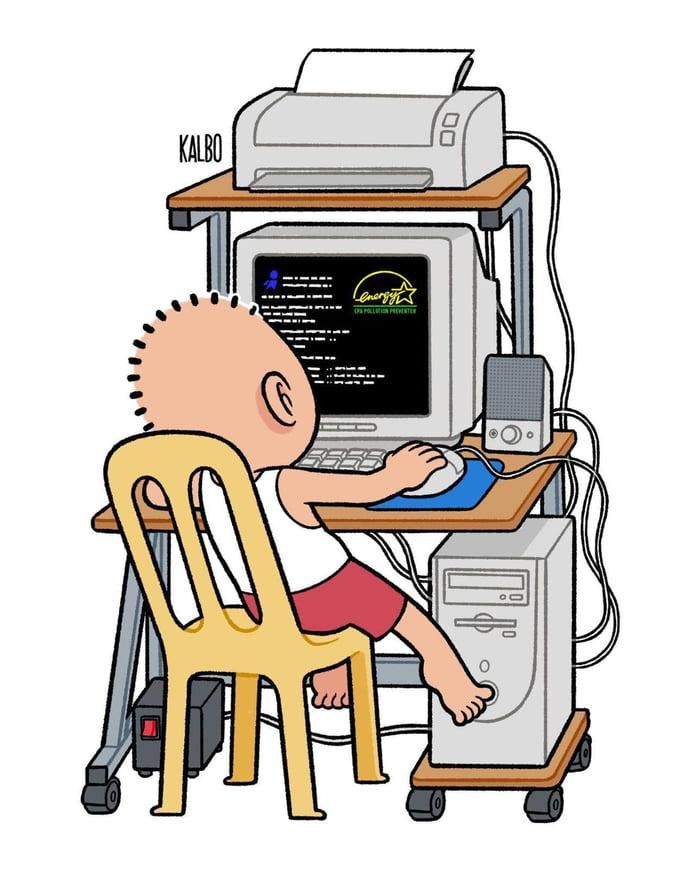 Using the computer at a special computer desk. With the computer at the bottom to turn on with your tow and a printer on top! In the middle is the screen, mouse and keyboard 