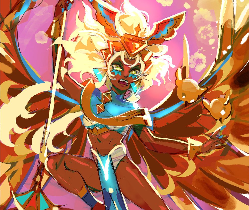  golden cheese cookie from cookie run kingdom shouting while holding her staff closeup 