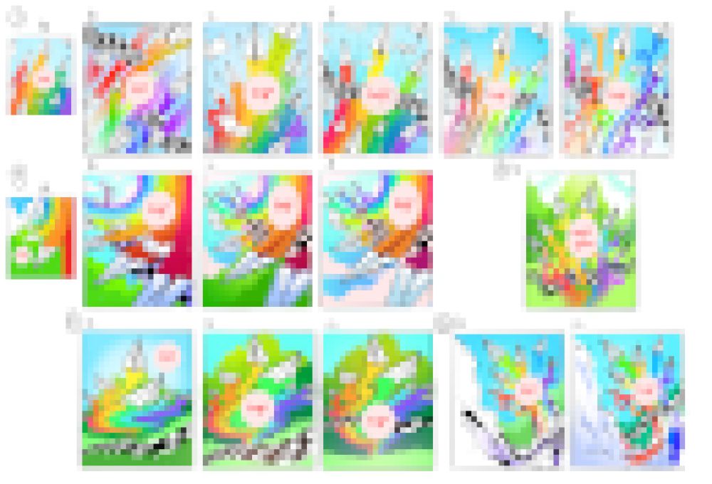 A number of conceptual covers for the game Fold & Fly! They are all pixelated but you can make out that there are paper airplanes with vibrant rainbow colors flowing behind them all.