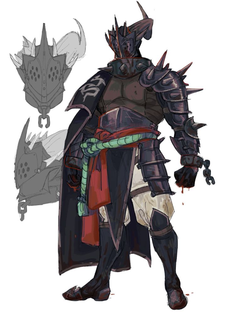 A digital illustration of an original character, a qunari from Dragon Age. He is dressed in dirty black armor decorated with large, sharp spikes. A half-cape is thrown over his right shoulder and hangs down to the floor. A red and teal sash is tied around his waist, and his legs are covered with a pair of poofy, stained white pants. Blood drips from his gloved hands. A metal helmet with a hole-strewn visor hides his face. His right horn is snapped off at the base.