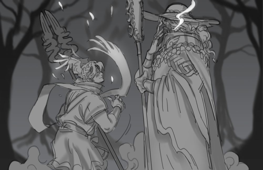 Charon has noticed Hermes' arrival, and having not seen him for a while, is subtly shocked by his return. Hermes, meanwhile, looks up at Charon with a fondness.