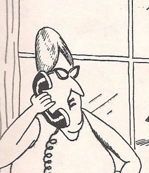 Picture from Far Side cartoon of a woman with a beehive hairdo. She is wearing cat eye glasses.