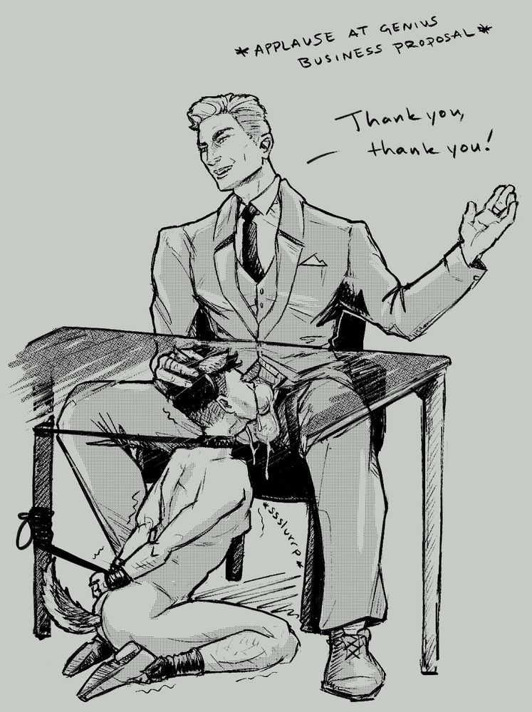Mr Galloway makes Mason, his junior associate, blow him silently under the table during a meeting. Jax Galloway is fully dressed in suit, waistcoat and pants, which are open. Mason is only wearing a butt plug tail, his dress shoes and socks, and little fuzzy ears, while being tied to the leg of the table 
