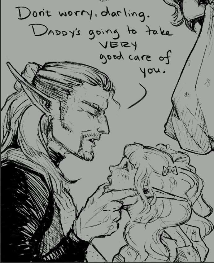 As seen previously, Anariin sticks his finger into Lili’s parted lips and she looks up at him with bright eyes excitedly He’s saying “Don’t worry darling. Daddy’s going to take very good care of you.” She’s wearing pigtails and has her hand on his chest. He’s in a black turtleneck and vest, long white hair pulled back to show shaved sides and an angular sideburn. Anariin is one of my oldest characters and I’m still kind of feral for him 