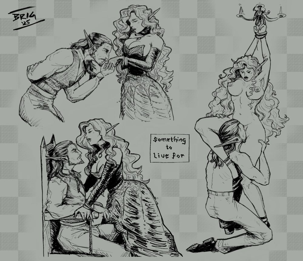 Sketch page of three drawings featuring my character Hirunir, an exiled noble patriarch turned vampire, and my wife’s Adorantheia, also an exiled noble who was turned vampire at a much younger age. 
In one he bows and kisses her hand like an old world gentleman, below he is seated as she leans over him and begins to straddle his raised knee 
And to the right, she is nude with her hands tied to the chandelier while she stands, and on his knees and shirtless, Hirunir eats her out with her leg wrapped around his back and shoulder 