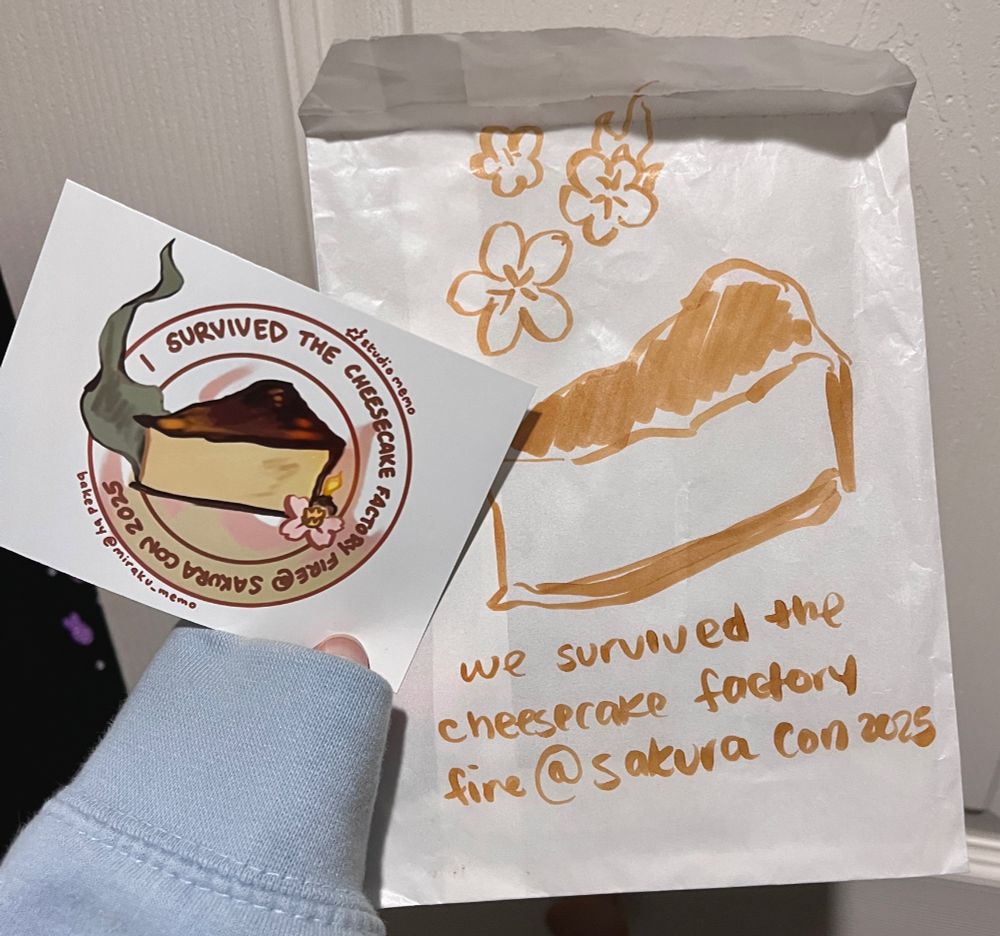 @miraku_memo sticker and packaging 
labeled with “we survived the cheesecake factory fire @ sakuracon 2025”