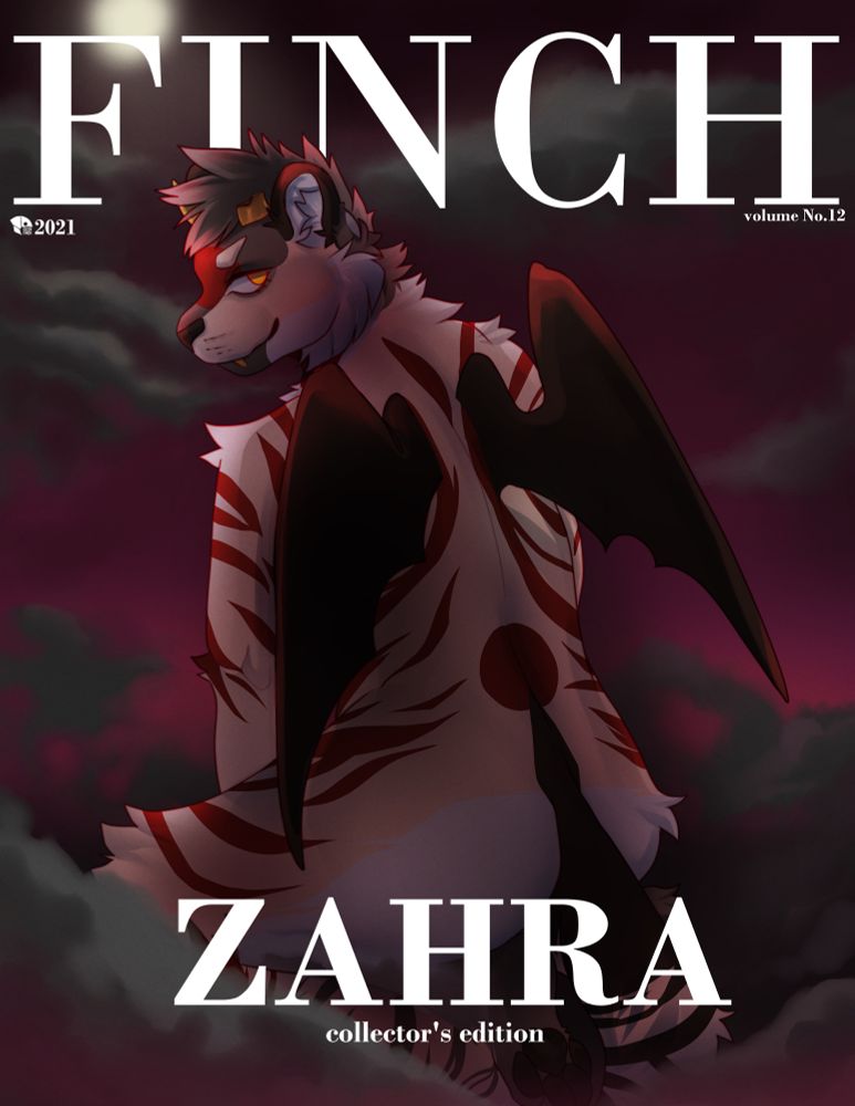 A magazine-style art piece of Zahra, a muscular, butch demon tiger with creamy fur, crimson stripes and scarlet bat wings
sprouting from her shoulder blades. She is naked but posed away from the viewer, looking back over her shoulder with a smug smile. Art by @eizenfinch.bsky.social