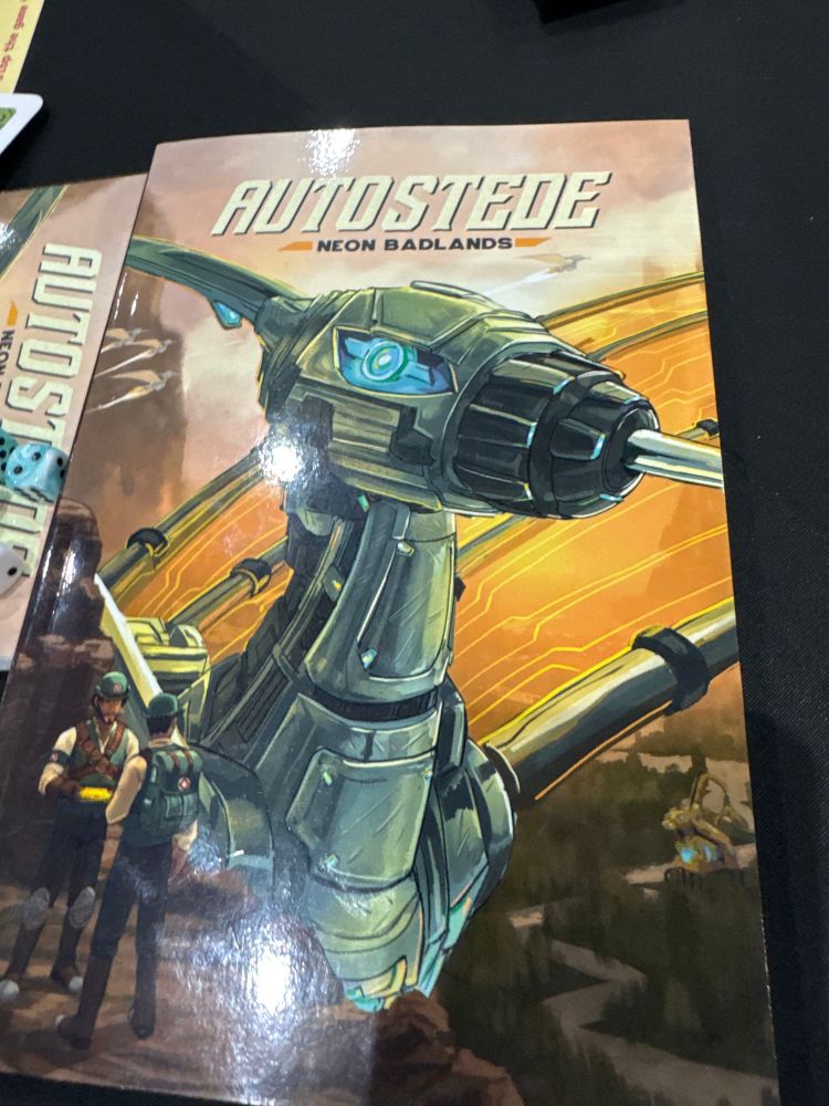 Cover of the Autostede - Neon Badlands rule book with a big robotic pteradon 