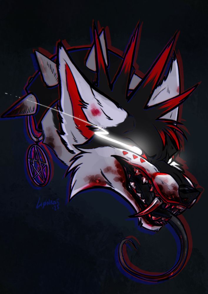 A bust of Swiftkill, a demon wolf. She's bending her head out and showing her teeth at the viewer in a macabre smile, maws covered in blood, eyes white and glowing.