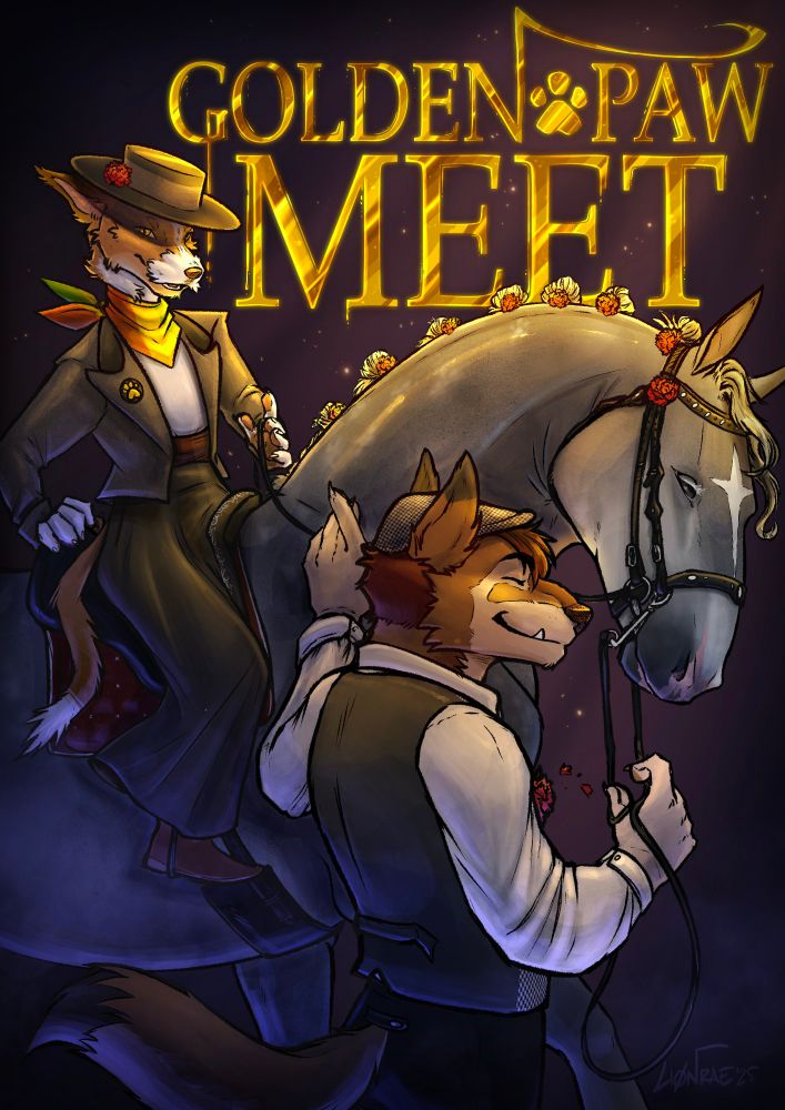 A drawing of IBERCON's mascot, Adri the iberian wolf, dressed as a chulapo, a regional outfit from the Madrid region of Spain. He is leading a dappled grey horse by the reigns, and Bobi, a podenco pequenho and mascot of Eufurria, sits on the saddle in traditional feminine portuguese horse-riding attire, with a brimmed hat and their signature tri-color bandanna. They both and the horse are decorated with red carnations. The light is golden on top, emanating from gold-like text that reads GOLDEN PAW MEET, and dark blue from below. 