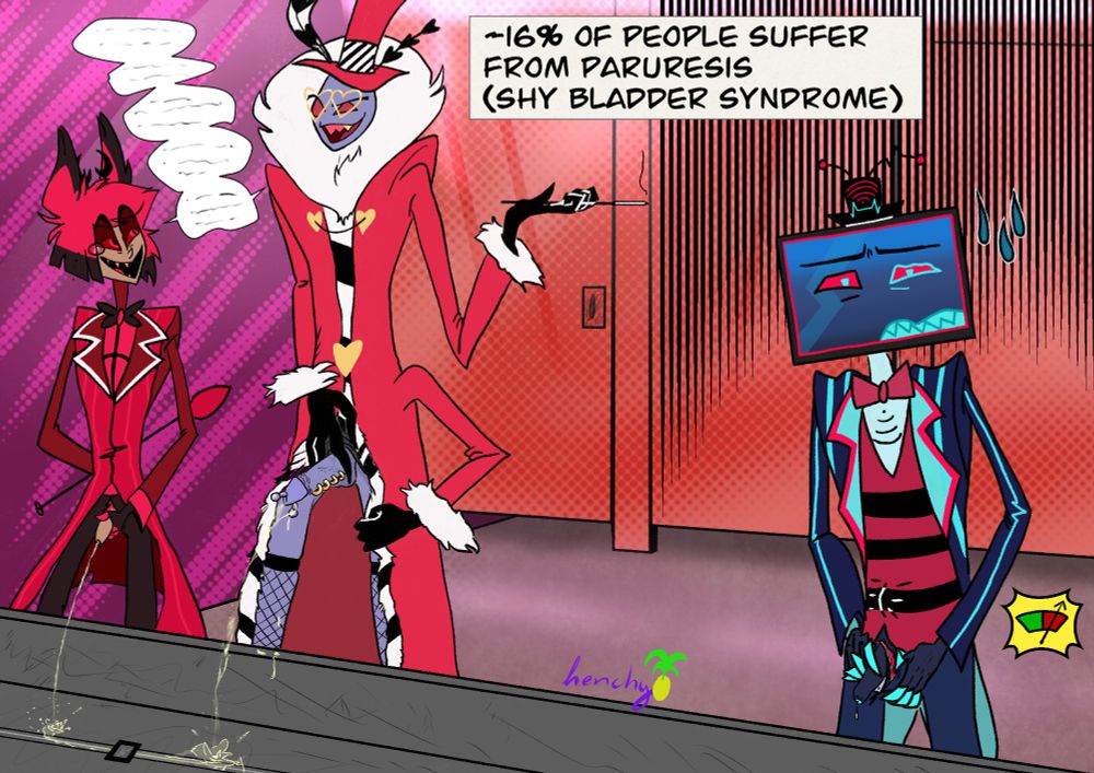 Explicit fanart of Vox, Alastor and Valentino from Hazbin Hotel. The three characters are standing at the urinals. Vox is struggling to take a piss because he is suffering from paruresis (shy bladder syndrome)