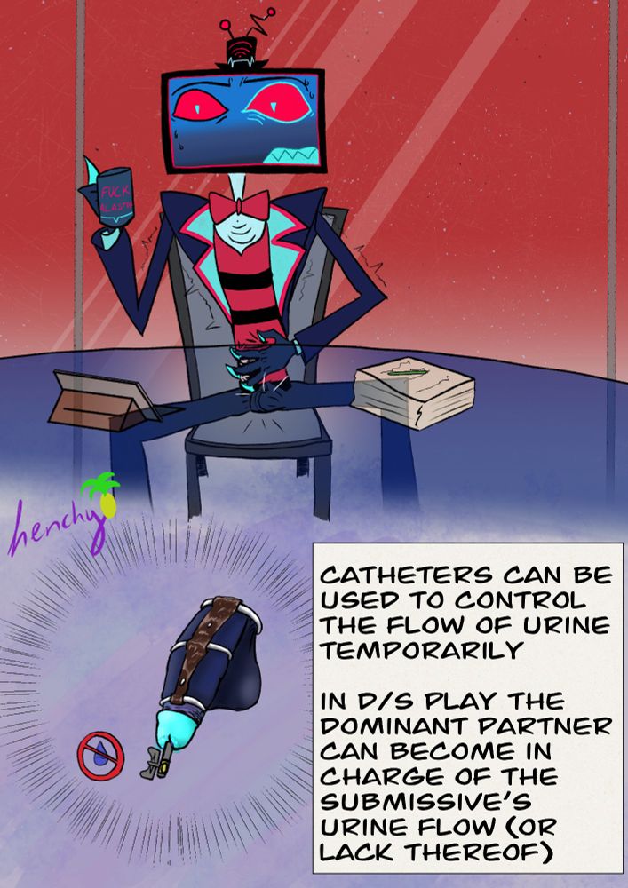 Explicit fanart of Vox from Hazbin Hotel. Sitting in a meeting, visibly shaking and being uncomfortable. He is holding his lower stomach with one hand while holding his coffee mug with the other. 
The lower frame shows the reason for his discomfort. He is wearing a chastity cage and a urinary catheter with a plug that has prevented him from peeing.