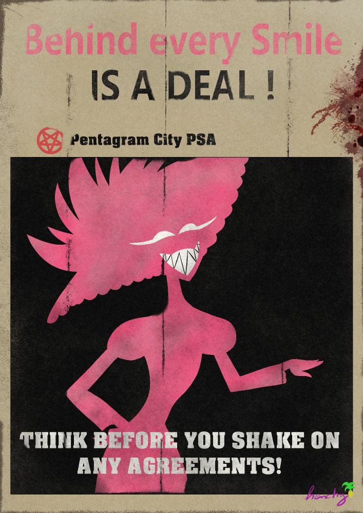 Pentagram City PSA Poster warning about taking deals with the outline of Rosie from Hazbin Hotel 