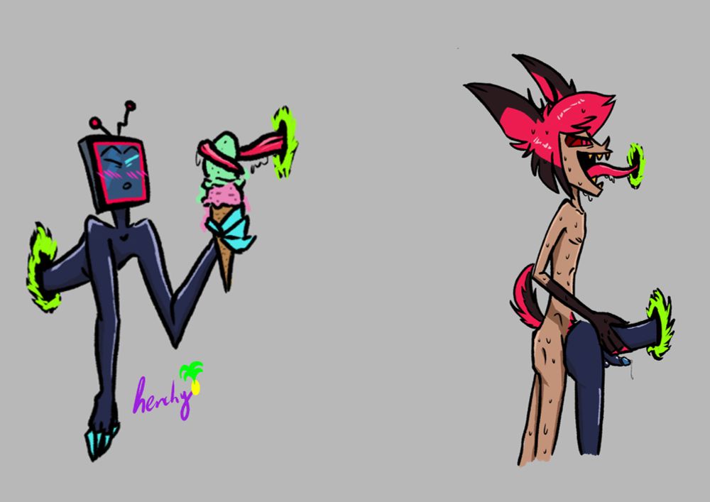 Explicit fanart of Alastor and Vox from Hazbin Hotel. Vox is half way stuck in one of Alastor's portals while holding an ice cream cone. Alastor is taking him from behind while sticking his tongue through another portal. His distraction maneuver worked. The other portal is leading right to Vox's ice cream and he is too distracted to notice that Alastor is stealing his ice cream.