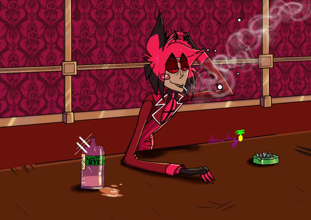 Fanart of Alastor from Hazbin Hotel. He is sitting the bar with a cigarette dangling from his lips. There is smoke trailing out of his mouth to the side. His left hand is trailing through his hair. The expression on his face is dejected and his smile is barely hanging on. There is an overflowing ashtray and an almost empty bottle or rye whiskey next to him. He did not have a good day.