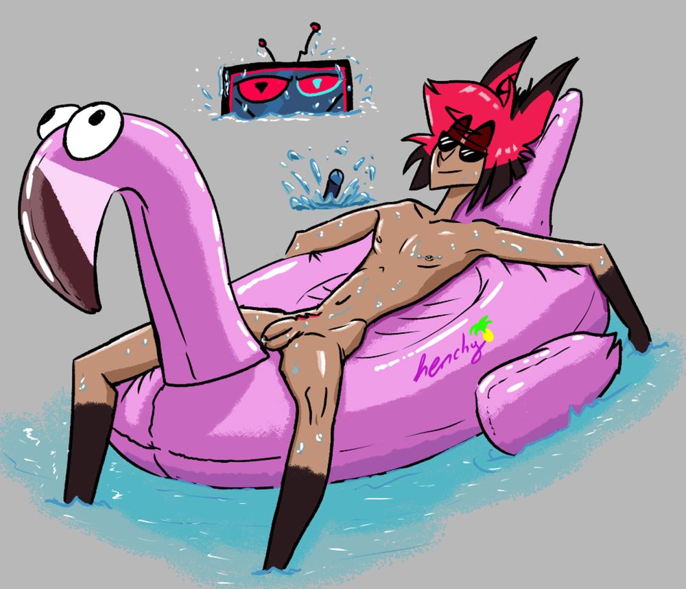 Explicit fanart of Alastor and Vox from Hazbin Hotel. Alastor is laying naked on a pink flamingo floaty. He is only wearing sunglasses and all four limbs are hanging in the water. His body is glistening with water droplets from his swim earlier. Vox is lurking in the water behind him. His boner popped out of the water comically, creating a lot of splashing. Only half of Vox's face is visible.