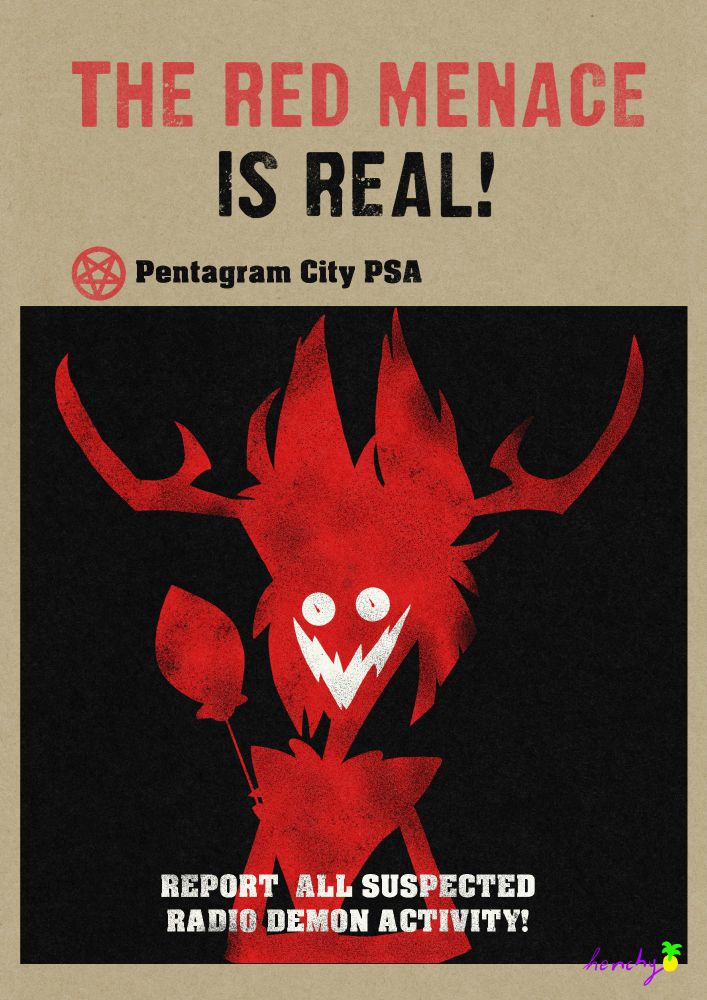 Pentagram City PSA Poster showing the red outline of the Radio Demon and advising citizens to report all suspected Radio Demon activity.