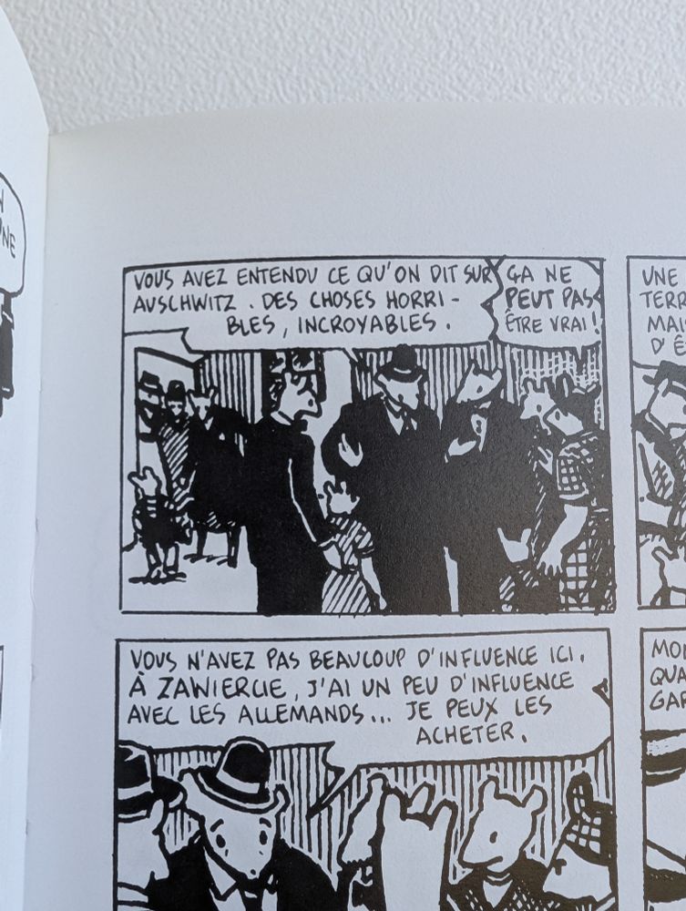 Frame from Maus by Art Spiegelman.

- You've heard what they say about Auschwitz. Horrible, incredible things.
- That can't be true!