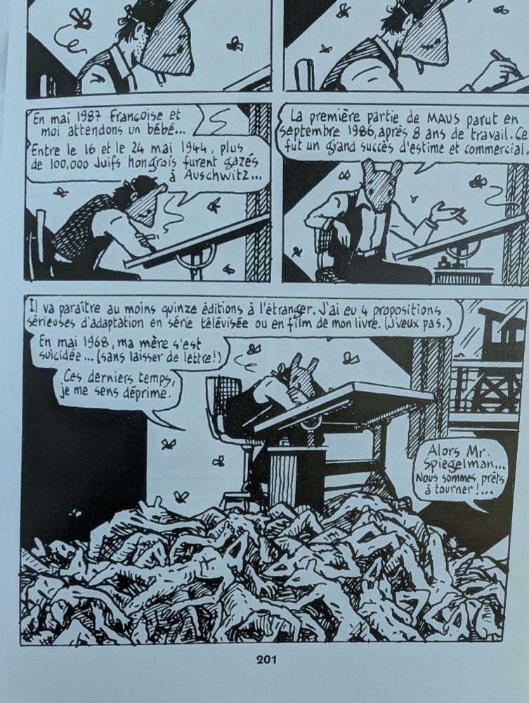 Frame from Maus by Art Spiegelman. Art has drawn himself sitting at his drawing desk on a mound of corpses. 