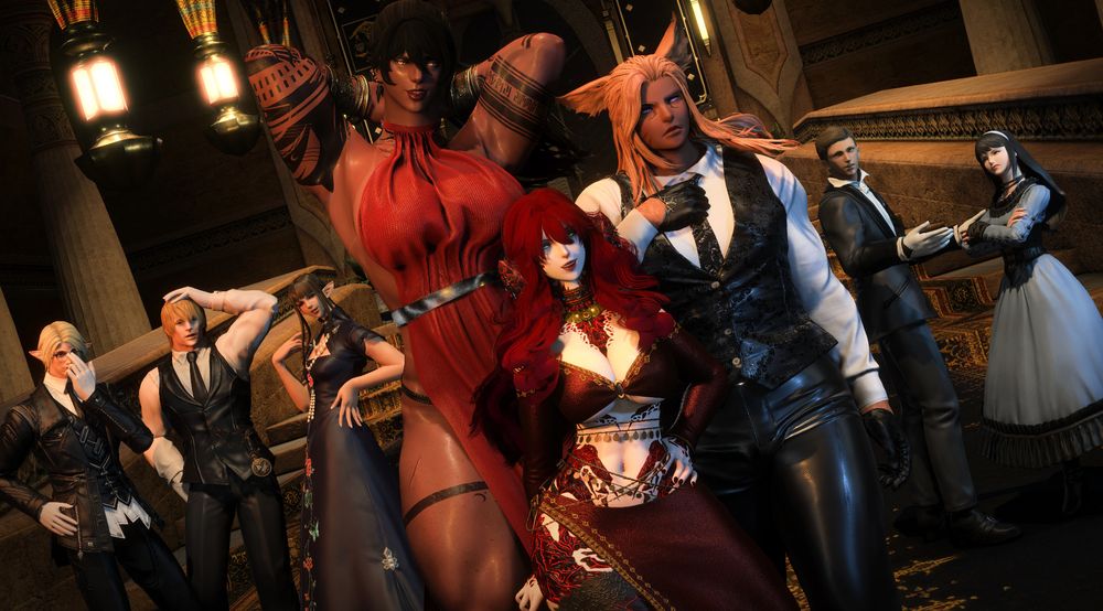 Ulaan struts down an Ul'dahn hall with Bev and K'vett in tow. K'vett, dressed in a suit, adjusts his tie. Bev, clearly nonplussed by the formal setting, adjusts her ponytail leaving much of her barely clothed body to delight some highborn onlookers. Ulaan wears a smirk on her face, knowing her plan is going just as she intended.