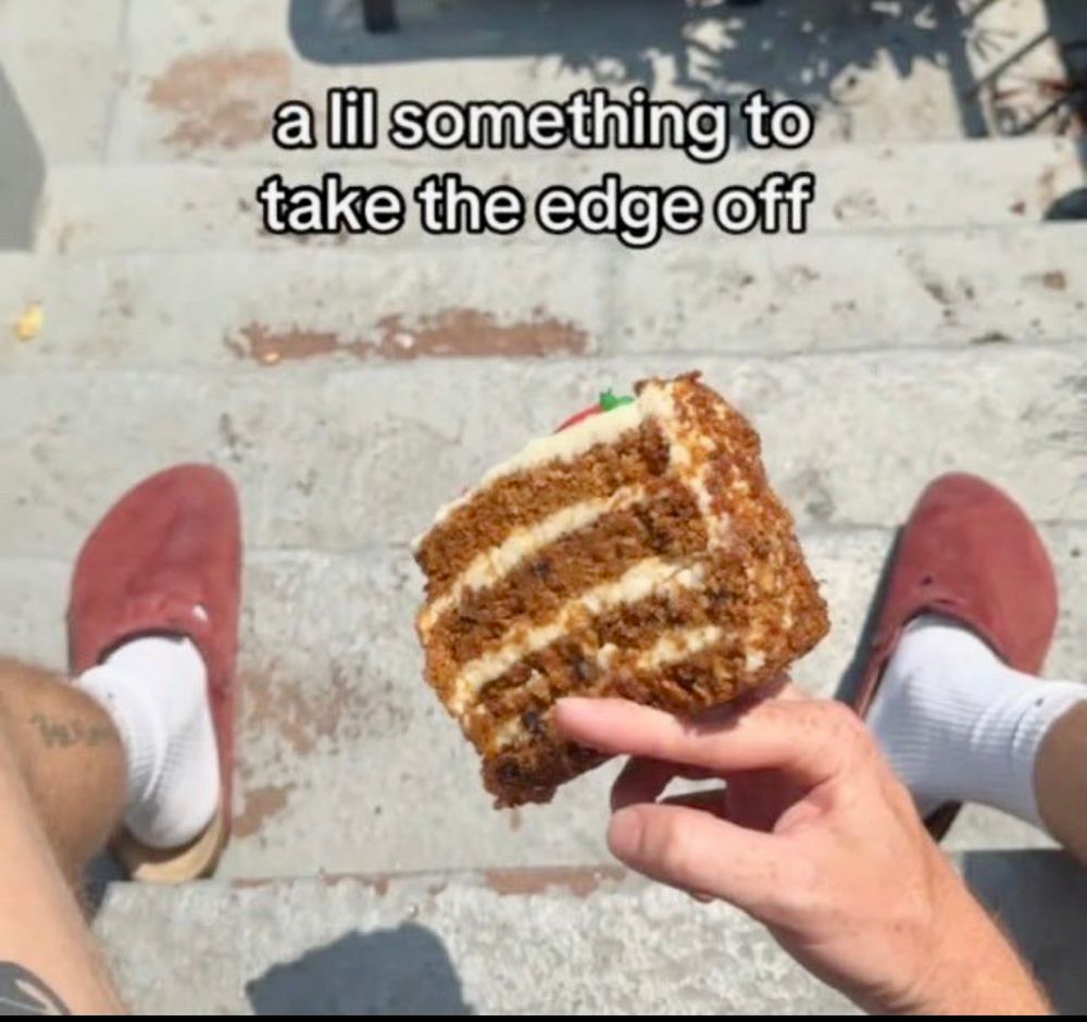 a picture of a piece of cake titled a lil something to take the edge off