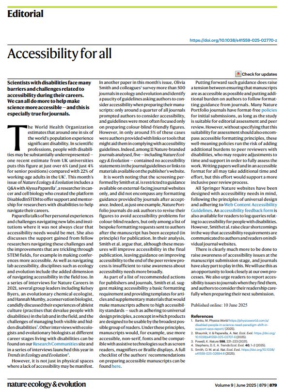 Screenshot of the full text PDF of Nature Ecology & Evolution's June 2025 Editorial entitled "Accessibility for all"
