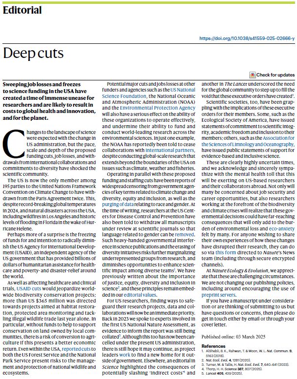 Screenshot of text from a Nature Ecology & Evolution Editorial entitled "Deep cuts"