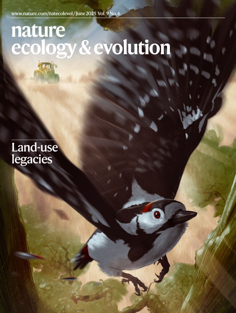 Cover image of the June issue of Nature Ecology & Evolution showing an illustration of a woodpecker flying into woodland at the edge of a typical UK farmland landscape. The cover line reads "Land-use legacies"