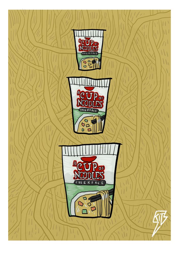 Digital illustration of a cup of noodles, a big cup of noodles, and a massive cup of noodles, all on a background of a sea of flowing noodles. 