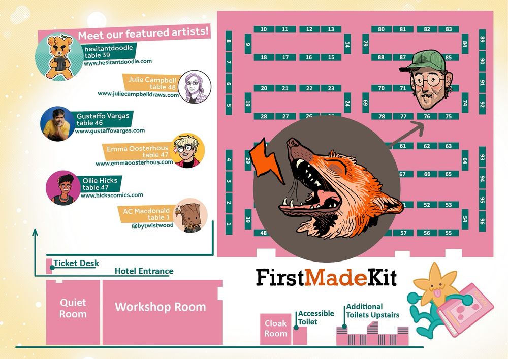 A site map of the Sequential Scotland Art Festival, highlighted with FirstMadeKit Kit exhibiting at table 76.