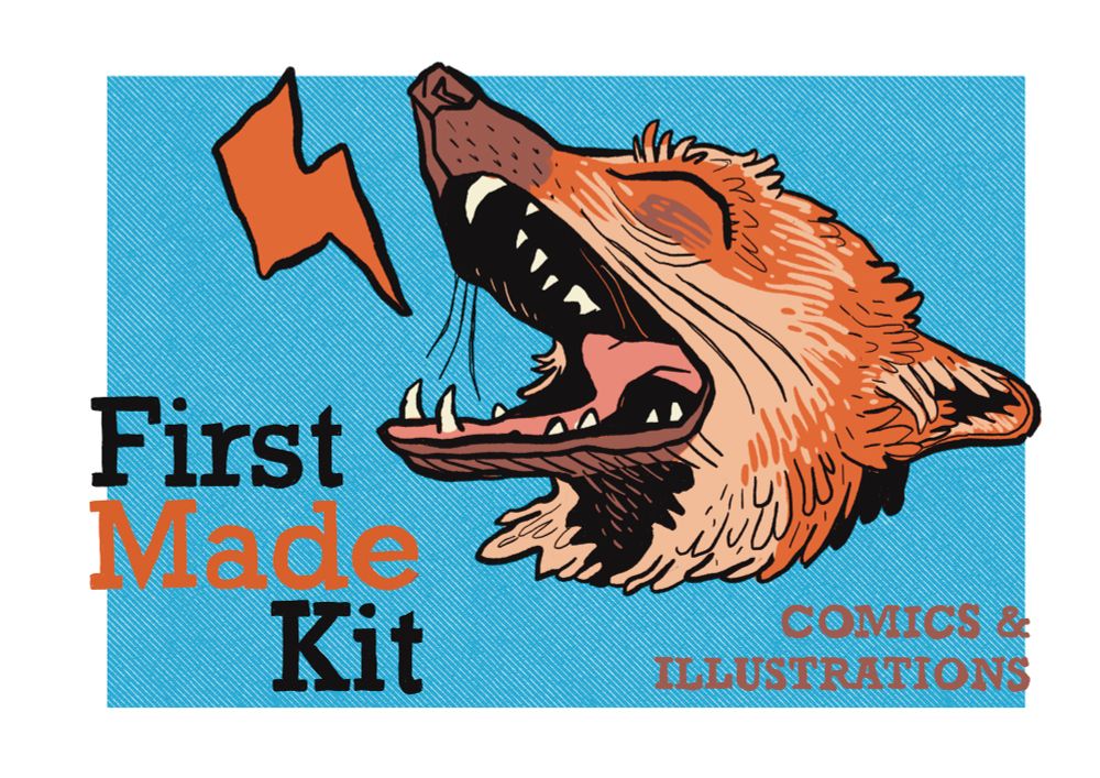 The table sign for FirstMadeKit (an anxious fox) - comics and illustrations. 