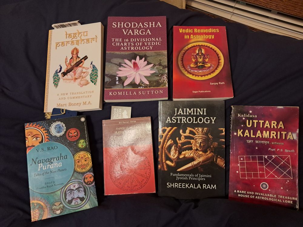 Top row, left to right: "Laghu Parashari" Marc Boney M.A.; "Shodasha Varga: the 16 Divisional Charts of Vedic Astrology" Komilla Sutton; "Vedic Remedies in Astrology" Sanjay Rath.

Bottom Row, left to right: "Navagraha Purana" V.S. Rao; "Three Hundred Important Combinations" B.V. Raman; "Jaimini Astrology" Shreekala Ram; "Uttara Kalamrita" Prof. P.S. Sastri