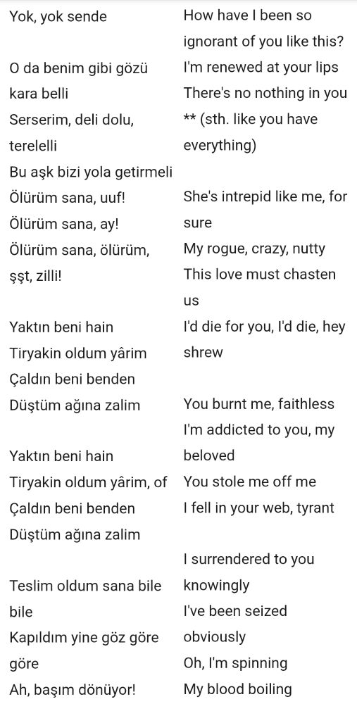 Translated (visible) lyrics on the right column:

How have I been so ignorant of you like this?
I'm renewed at your lips
There's no nothing in you ** (sth. like you have everything)
 
She's intrepid like me, for sure
My rogue, crazy, nutty
This love must chasten us
I'd die for you, I'd die, hey shrew
 
You burnt me, faithless
I'm addicted to you, my beloved
You stole me off me
I fell in your web, tyrant
 
I surrendered to you knowingly
I've been seized obviously
Oh, I'm spinning
My blood boiling

Source: https://lyricstranslate.com/en/Olurum-Sana-Olurum-Sana.html