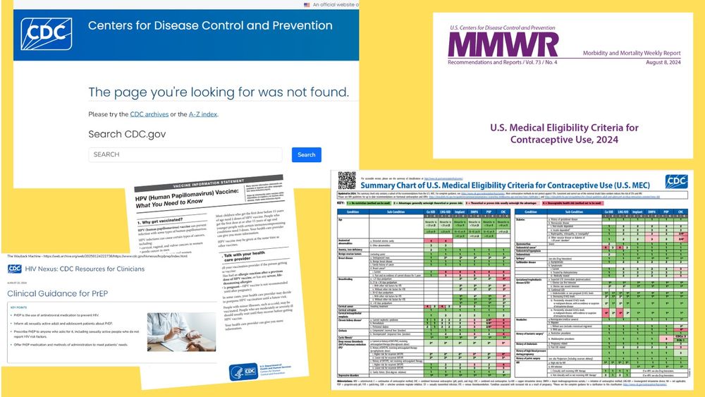 Yellow background. Different CDC websites that have been removed. Some are in black and white. Others are purple or red and green. 