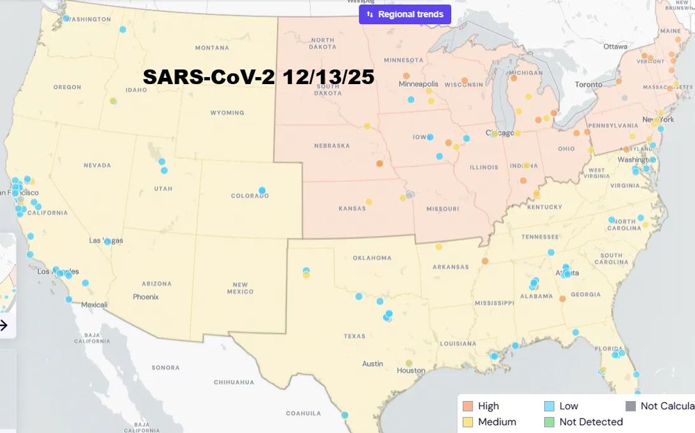 US map. Orange in northeast and midwest related to high SARS-CoV-2 in wastewater. West is lower (yellow with blue dots) and South is lower with a few high spots (orange spots).