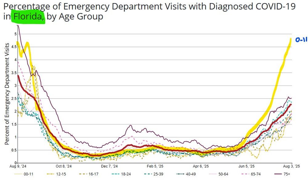 Chart in multi colors. Florida is highlighted in green. Yellow line has increased a lot and is higher than last year. Yellow line represents ages 0 to 11 year old children.