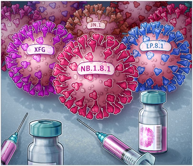 XFG purple coronavirus, NB.1.8.1 pink coronavirus, JN.1 brown coronavirus, LP.8.1 blue coronavirus. Syringes and vials with pink fluid.