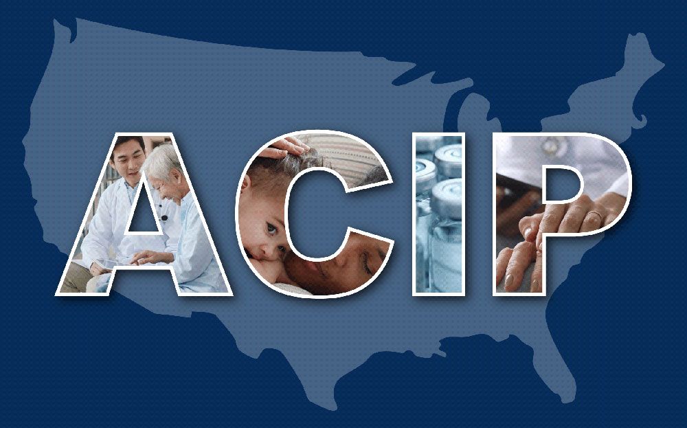 the united states is in gray and the letters ACIP are in front and have pictures of people in lab coats, a baby, vials of vaccines, and hands.