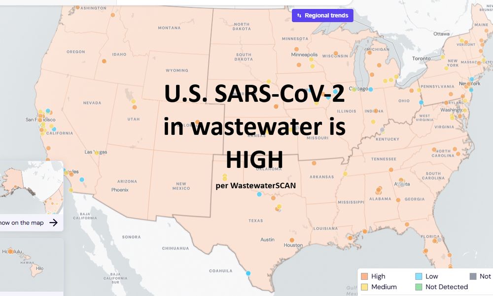 Map of United States is orange because of high levels of SARS-CoV-2 in wastewater. 