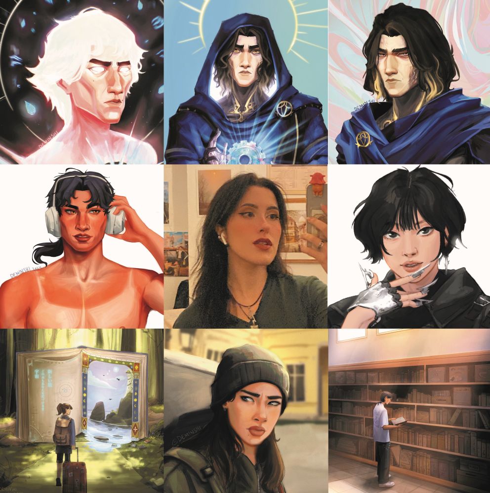 Composición de 9 imágenes en formato cuadrado, todas ilustraciones de retratos de distintos personajes, y la fotografía de en medio es un retrato de la artista (yo)