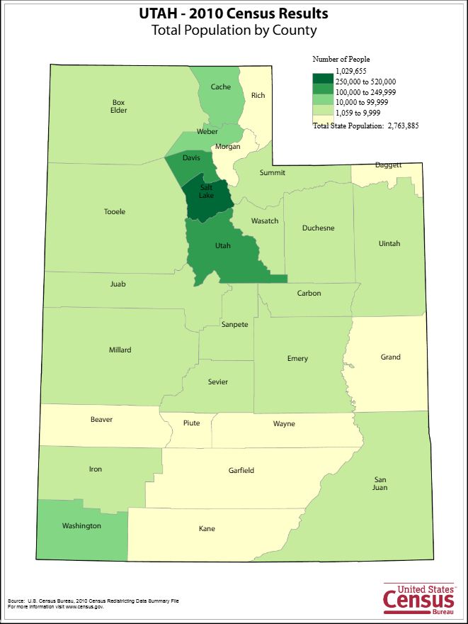 A population density map of the state of Utah, which illustrates that the urban center of Salt Lake county accounts for almost half of the state's total population.