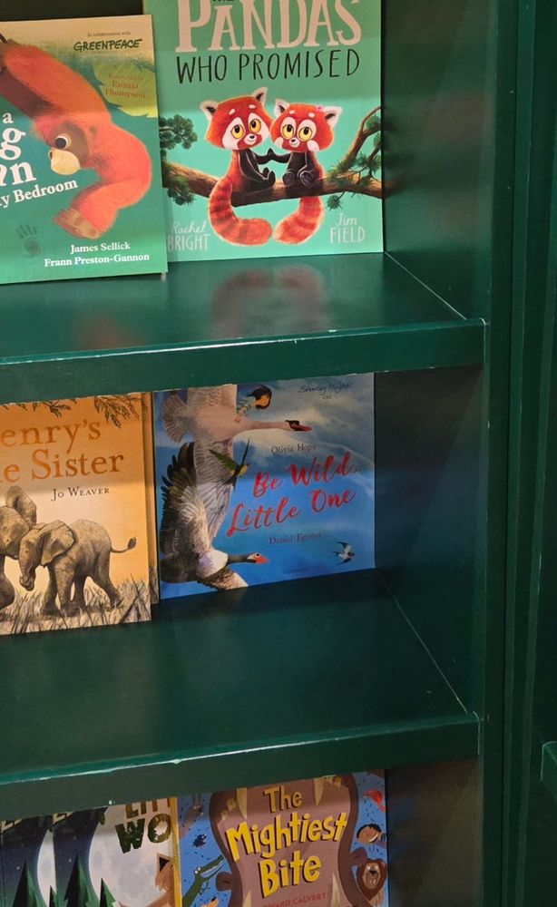 A bookshelf featuring Be Wild Little One by Olivia Hope with other books slightly in frame