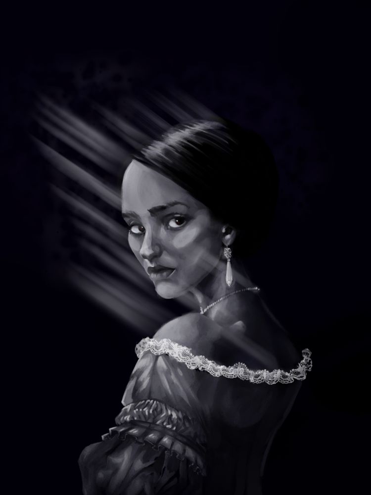 A black and white digital painting of Ellen Hutter from the movie Nosferatu looking over her left shoulder