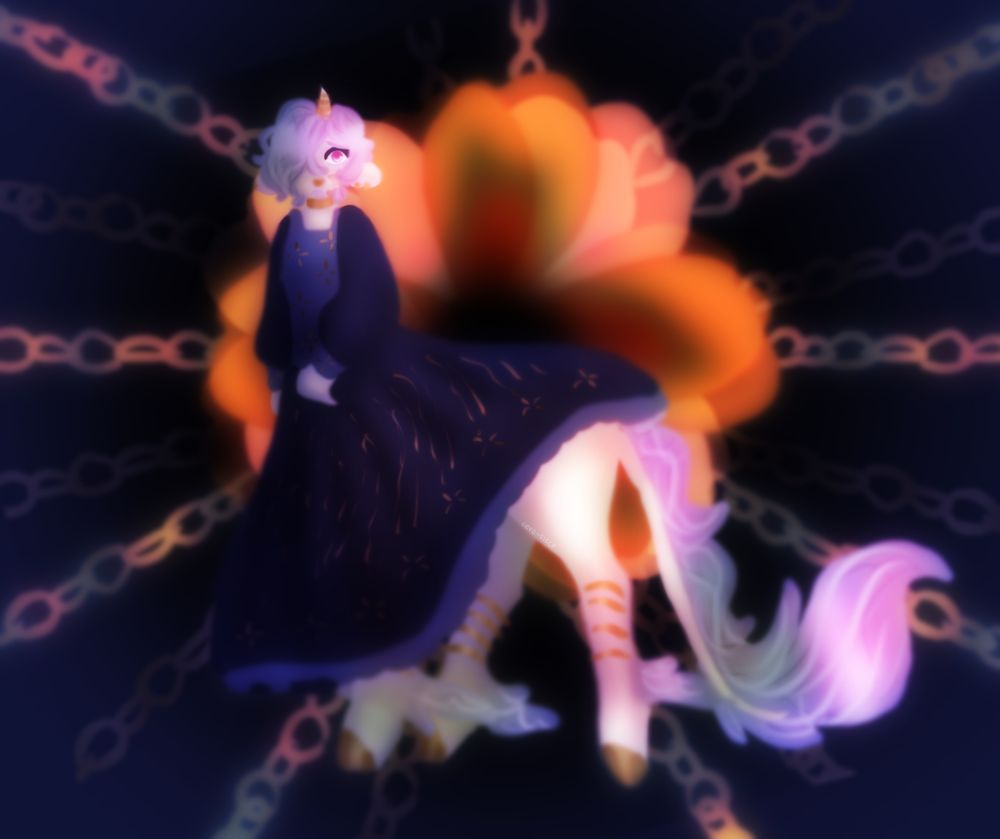 Digital art of Zephyr inspired by the song The Kaleidoscope by MonochroMenace.
Zephyr looks sad, defeated. They are a unicorn centaur and are wearing royal clothes as they are the next in line for the throne. A blue and gold dress with gold jewelry.
Behind them, an orange flower surrounded by chains, and in the middle of it, a black void. 
This represents their situation and future, stuck as a royal and forced to marry Azalea Castor, an eladrin that only wants the throne and the power that comes with it.