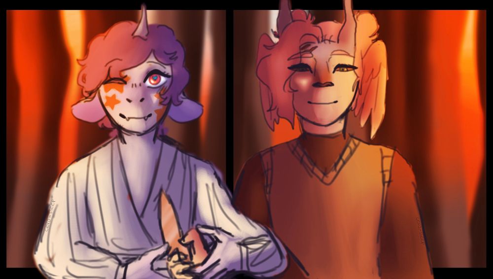 
The piece has Delaney's POV of Zephyr and Zephyr's POV of Delaney as Zephyr looks up at her and Delaney looks down at them while they hold Delaney's hand which has a knife guiding it to their chest.
Zephyr is a grey and blue unicorn centaur, while Delaney is a cream, blue-grey and pink chimerataur.