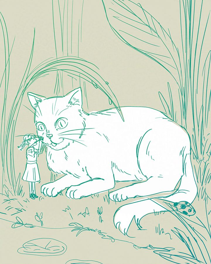 A tiny girl and very large cat resting near a pond surrounded by plants and flowers  